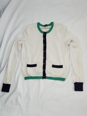 The Webster Miami Women’s Cream Cardigan with Green Trim and Navy Accents